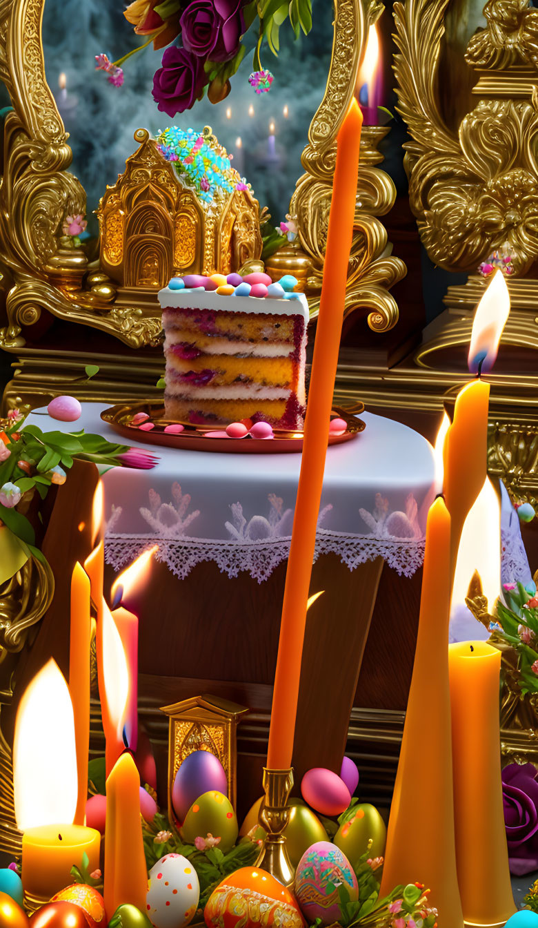 Vibrant Easter scene with candles, cake, eggs, flowers, and golden backdrop