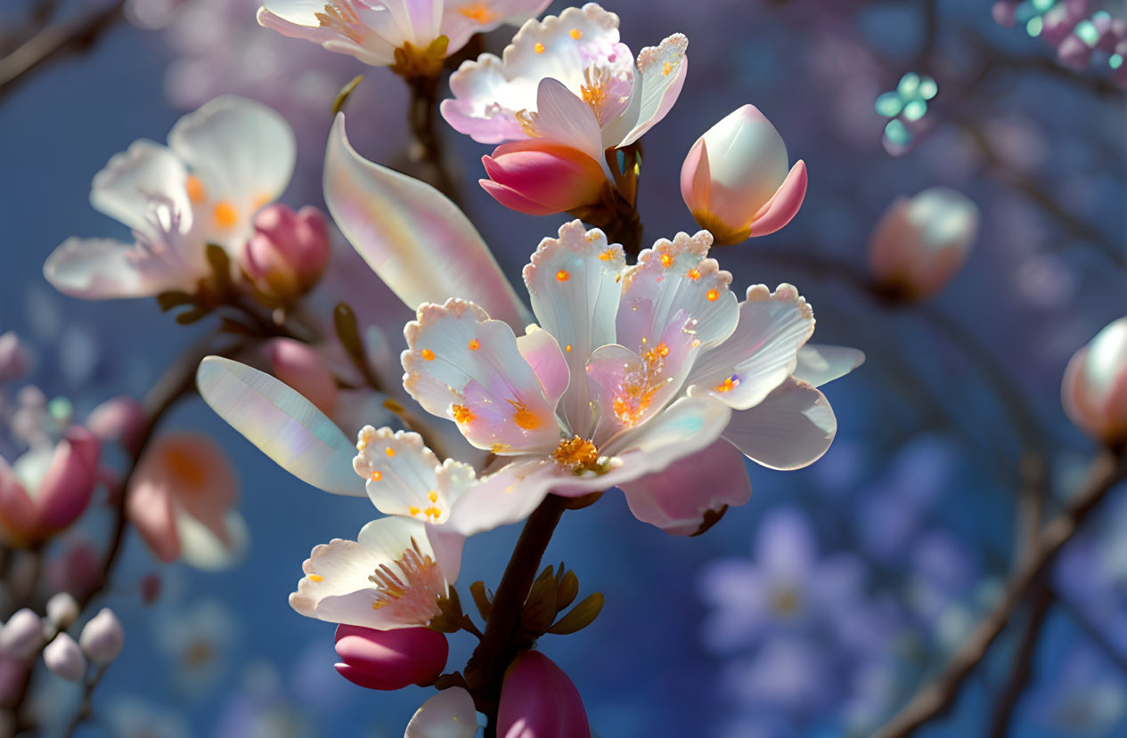 Detailed view: Cherry blossoms in pink and white against blue sky