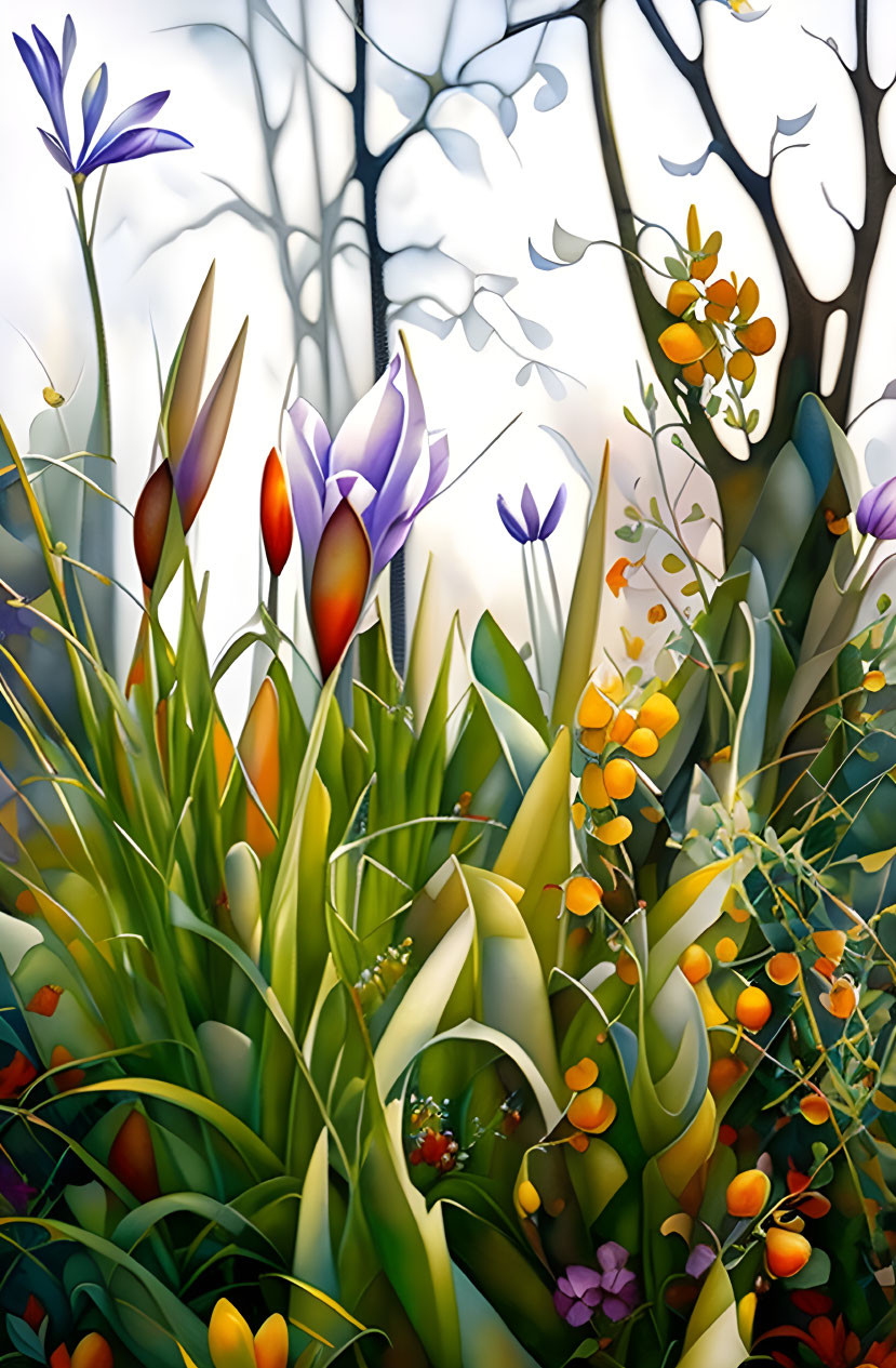 Colorful digital artwork: Purple and orange flowers, green foliage, blurred tree background