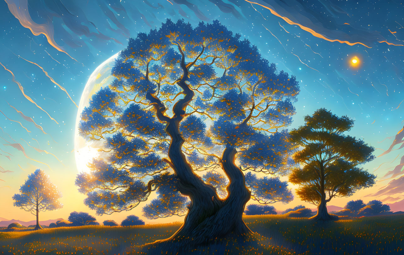 Majestic tree under twilight sky with comet and glowing leaves