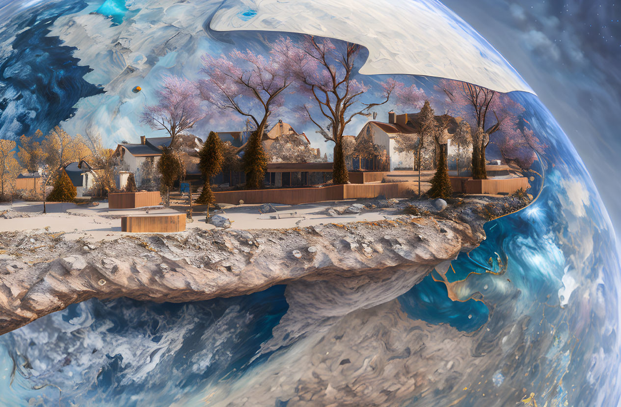 Surreal panoramic landscape of quaint village on curved earthly fragment with cosmic backdrop