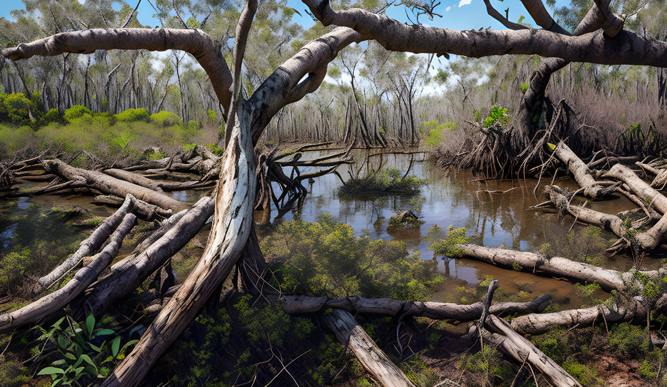 Panoramic Swamp Landscape with Intertwined Trees and Clear Water