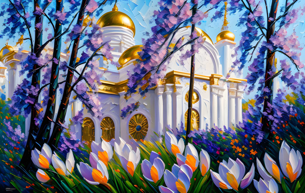 White Cathedral with Golden Domes Surrounded by Blooming Trees