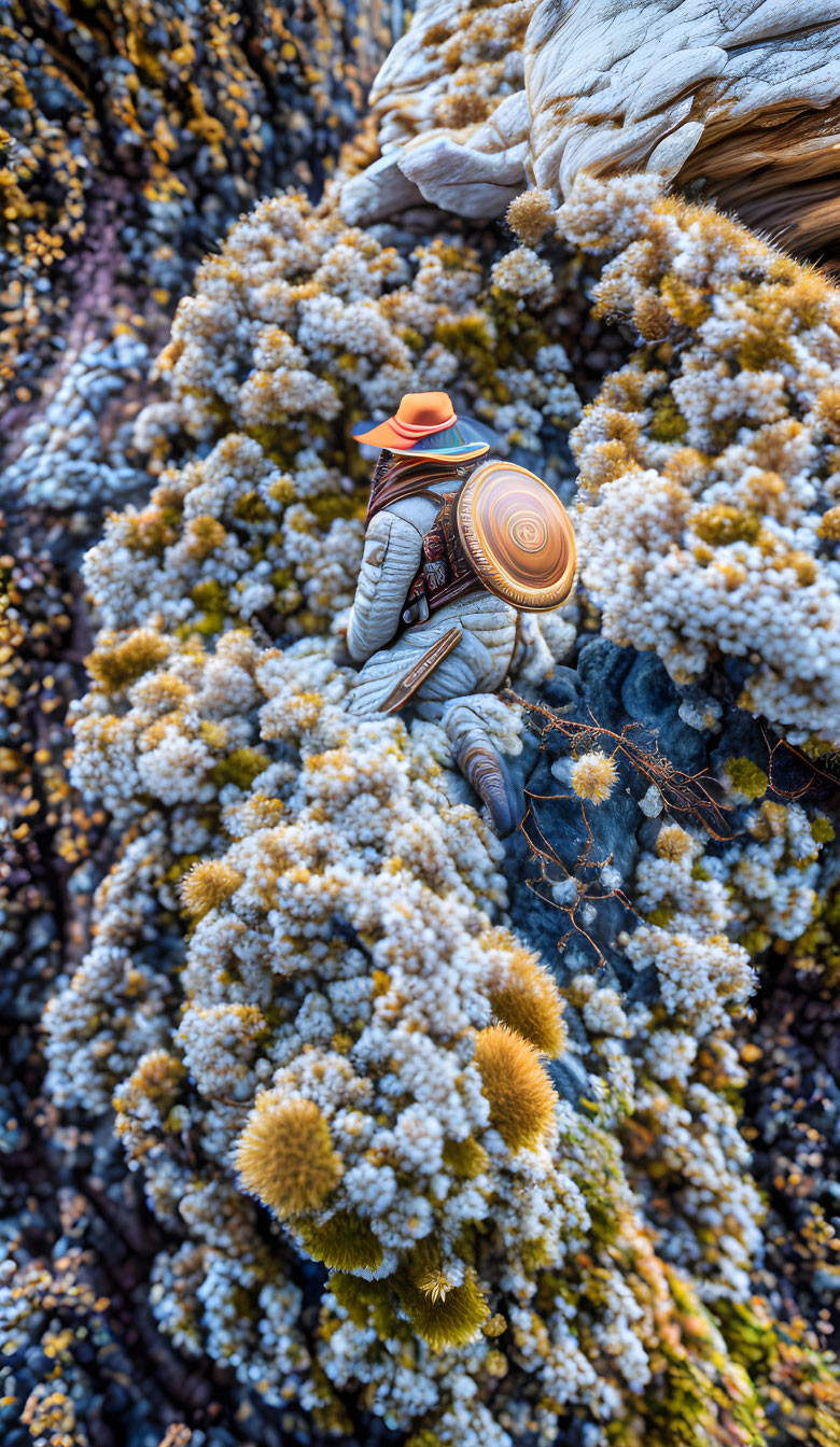 Hiker in hat and backpack among textured rock formations