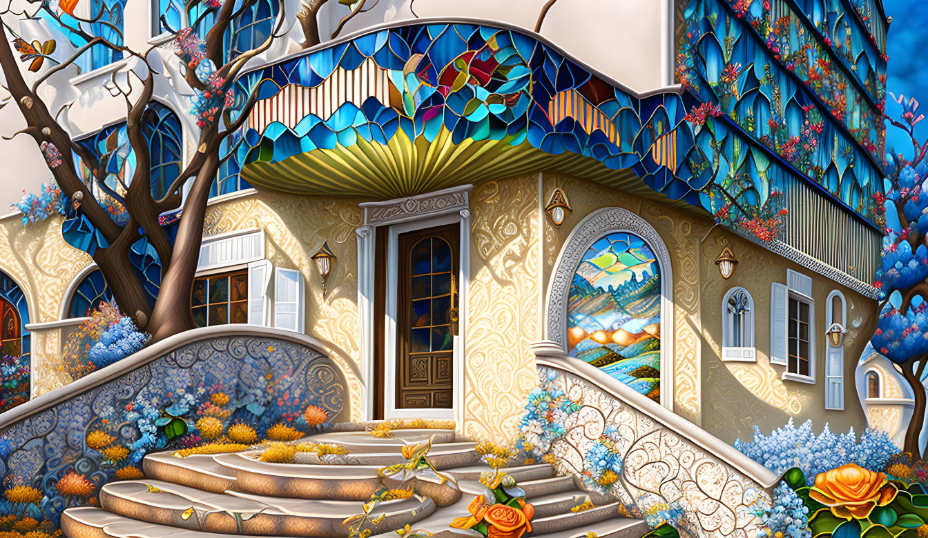 Colorful whimsical house illustration with stained glass windows and ornate patterns