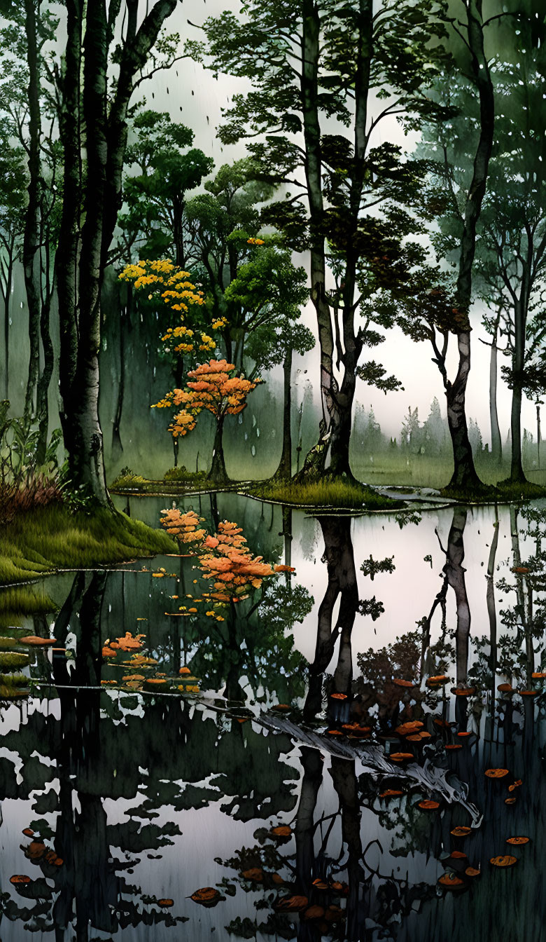 Tranquil forest scene: tall trees, pond reflection, autumn leaves, rainy ambiance.