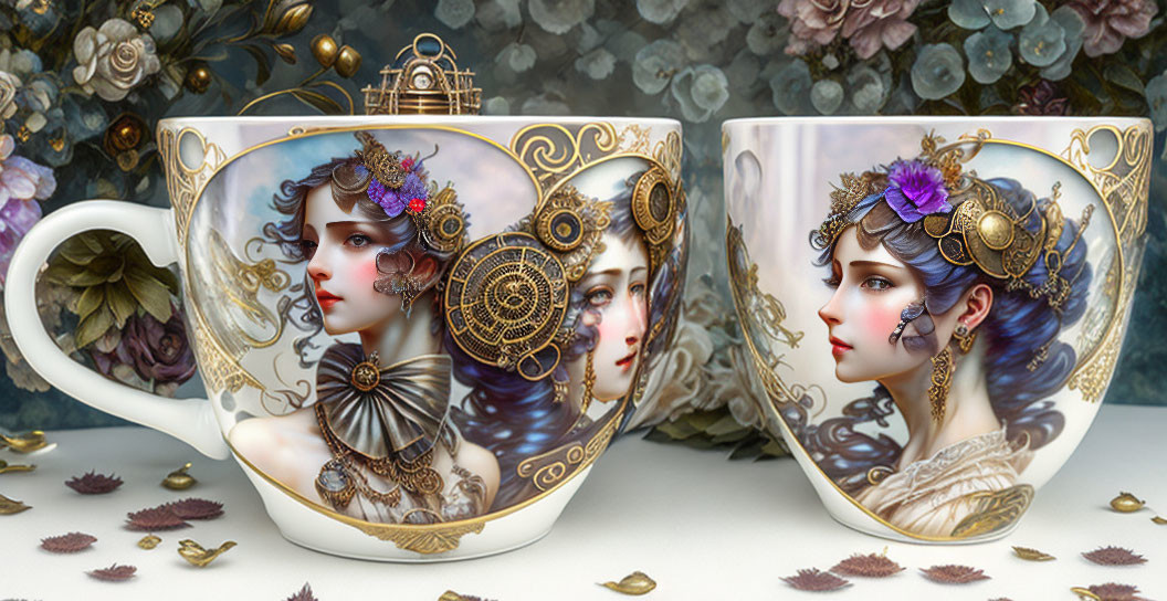 Ornate teacups with women's portraits and steampunk motifs on decorative backdrop