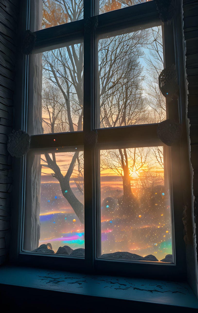 Decorative window frames sunset, warm light reflection like starry night.