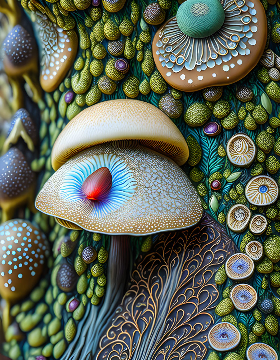 Detailed artwork of stylized, patterned mushrooms on textured background