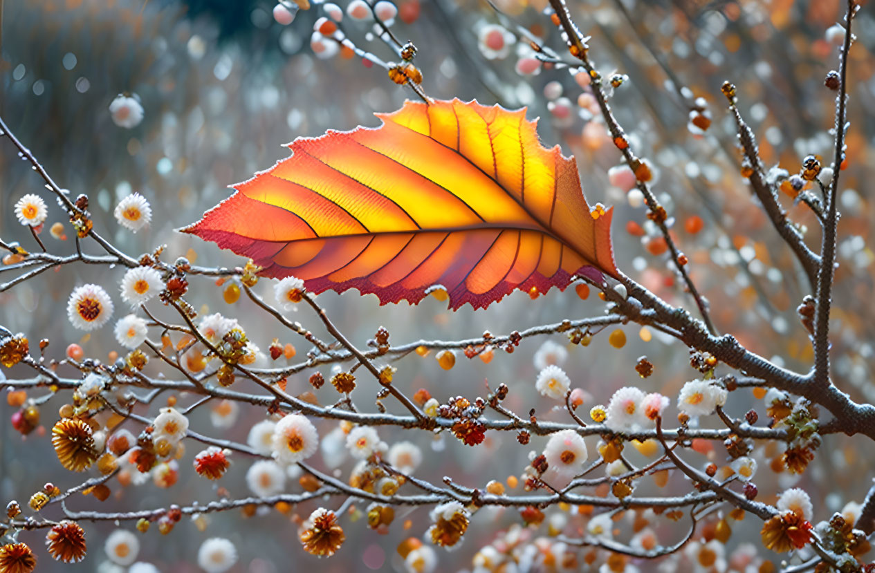 Red-Orange Leaf Among White Blossoms on Dewy Branch in Chilly Morning