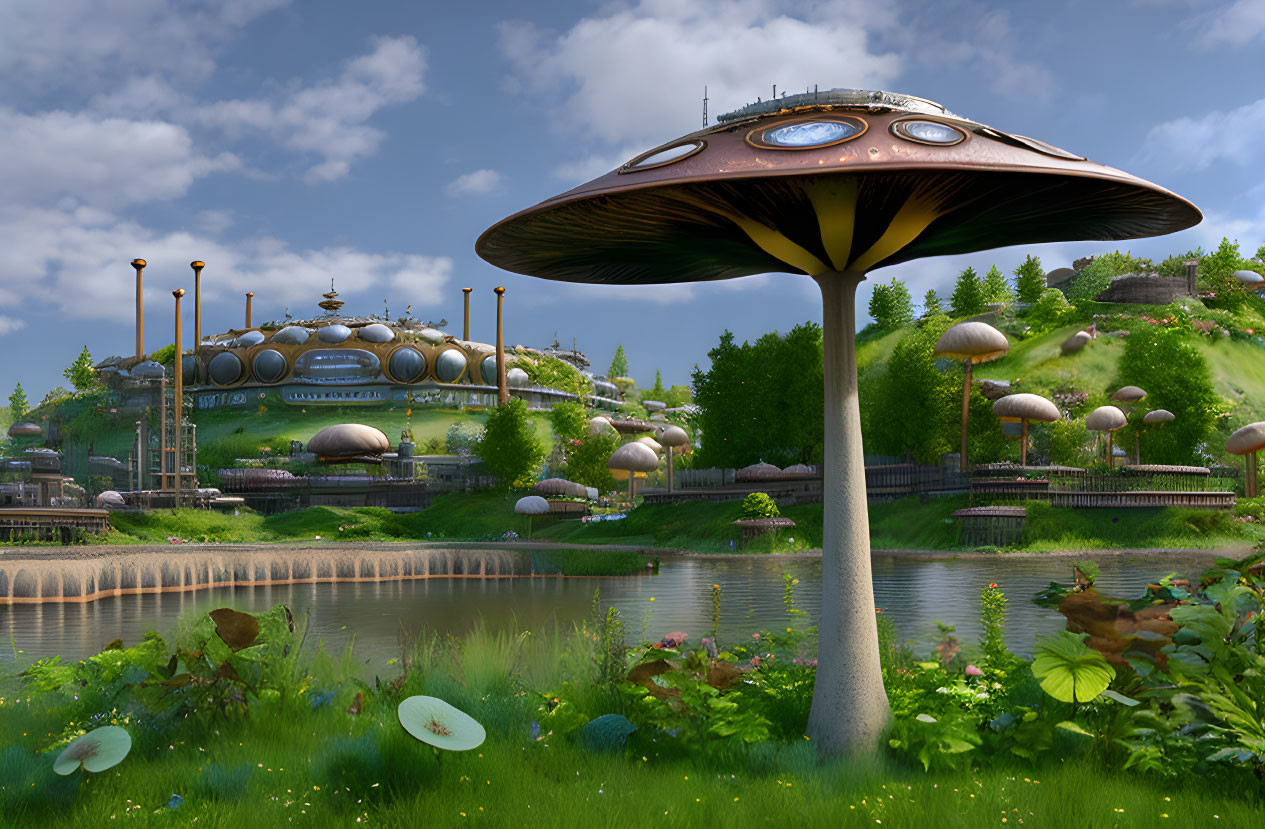 Futuristic landscape with mushroom-shaped buildings and lush green hills