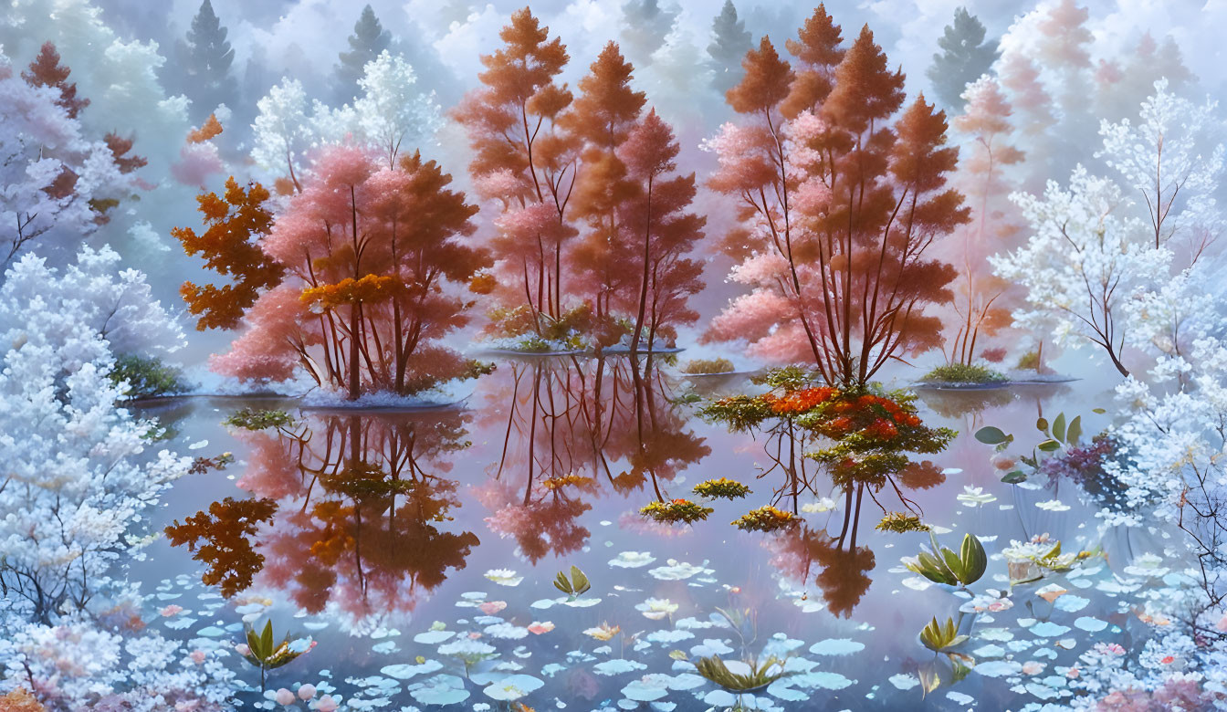 Colorful Trees Reflecting in Still Water in Tranquil Forest Scene