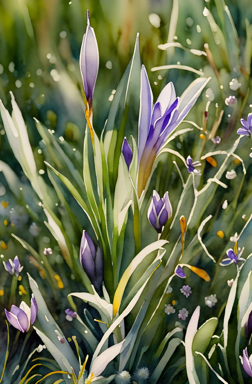 Purple and White Crocuses with Morning Dew and Green Leaves