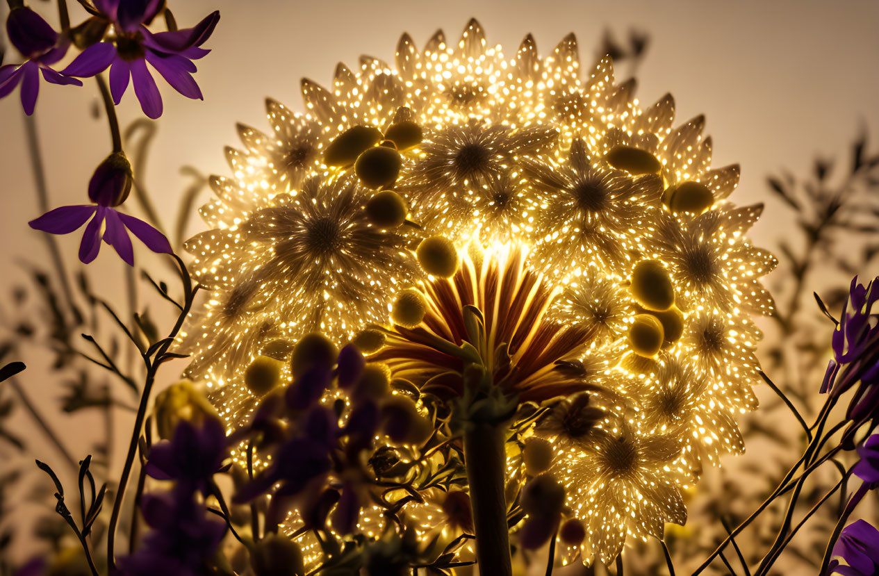 Backlit Dandelion Bouquet with Halo Effect and Purple Wildflowers