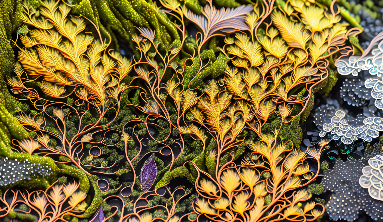 Colorful Fractal Art with Leaf-Like Patterns in Green, Orange, and Yellow