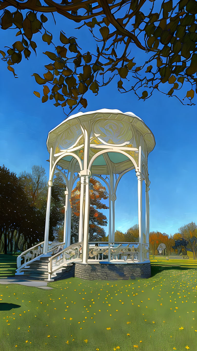 White Gazebo in Sunny Park with Yellow Flowers and Trees