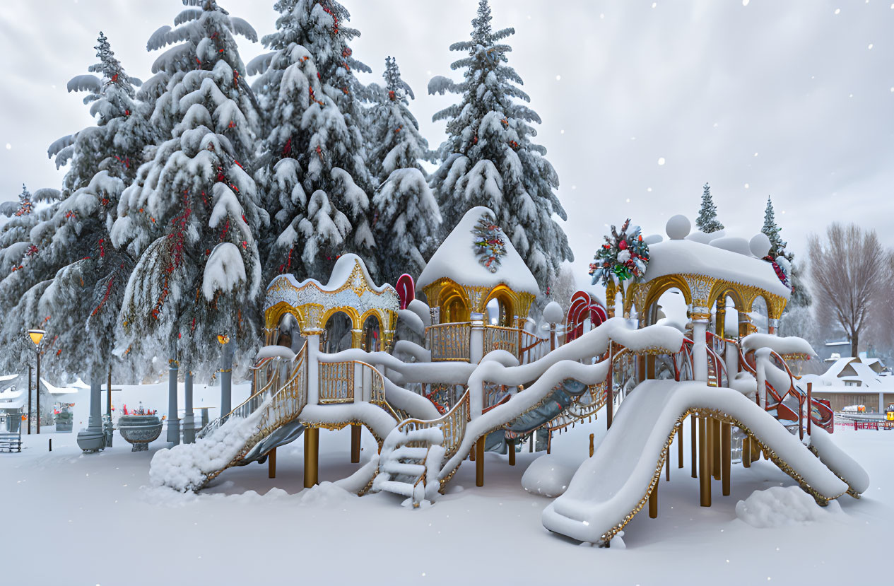 Snow-covered playground with festive decorations and pine trees in snowfall