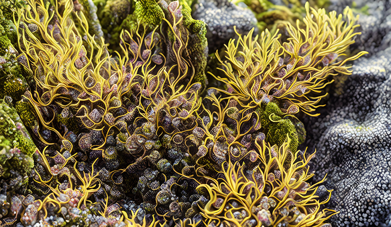 Colorful Coral with Yellow and Purple Branching Patterns on Textured Background