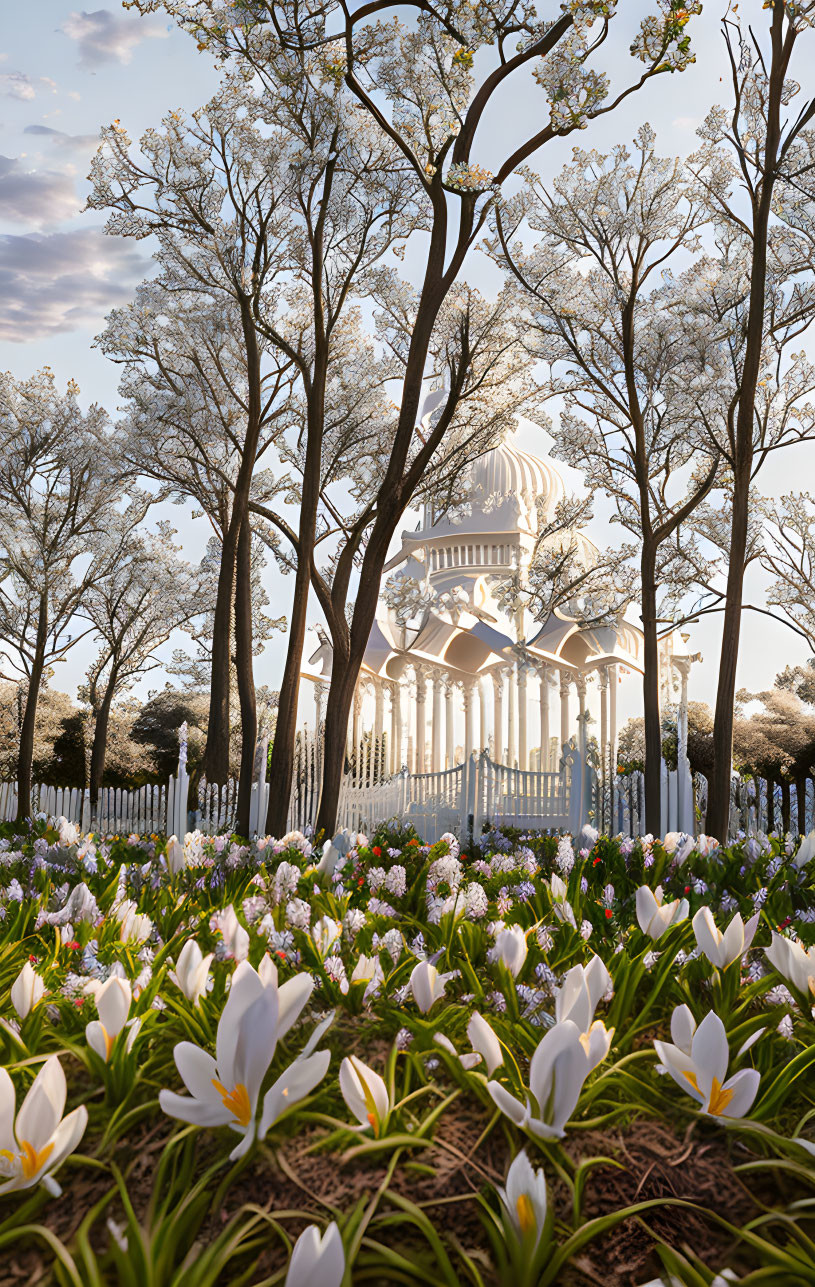 Neoclassical Pavilion at Sunset with Flowering Trees and Crocuses