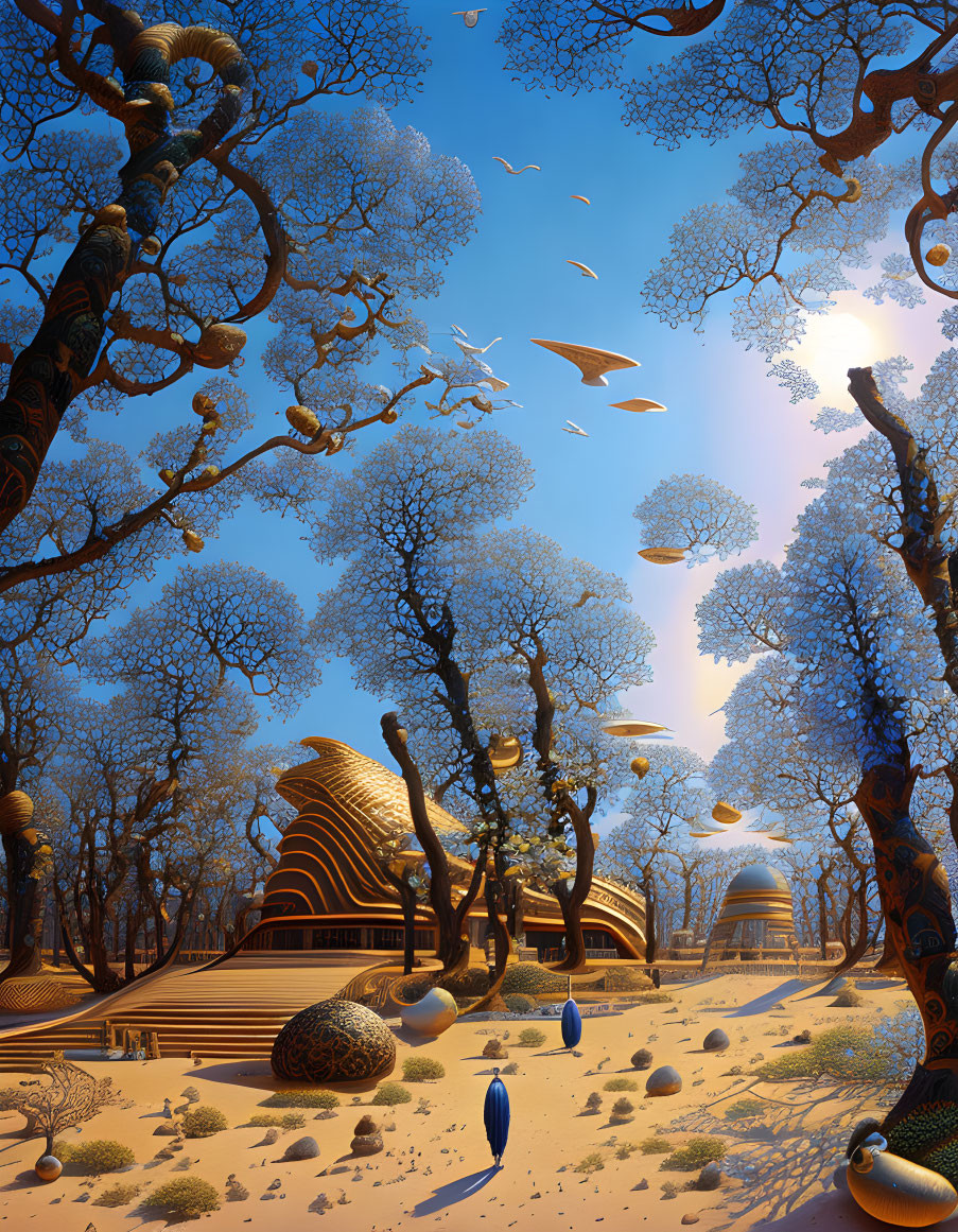 Fantastical landscape with intricate trees and golden-domed structures