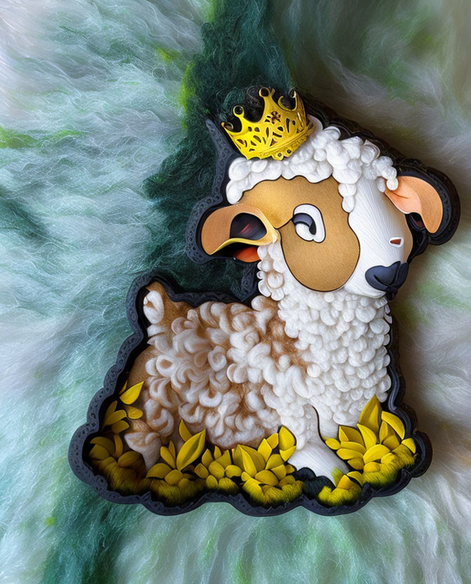 Crowned sheep surrounded by yellow flowers on fluffy white background