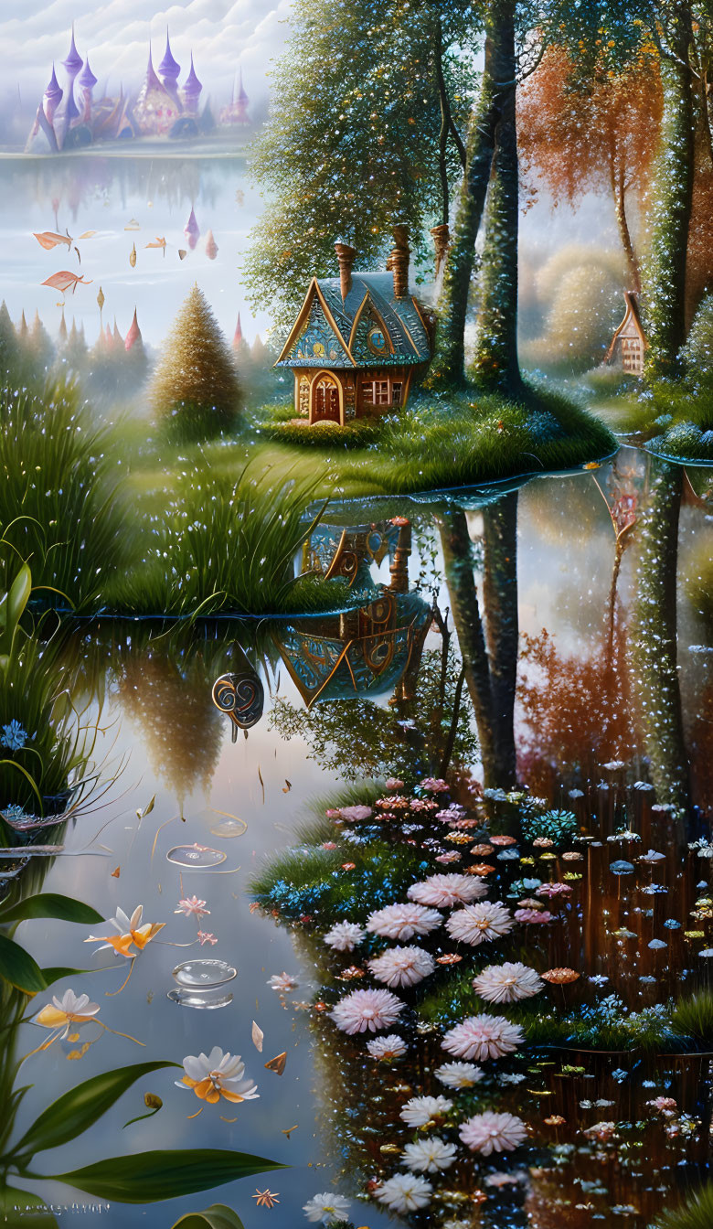 Fantasy landscape with house, lake, greenery, flowers, castle, ethereal light