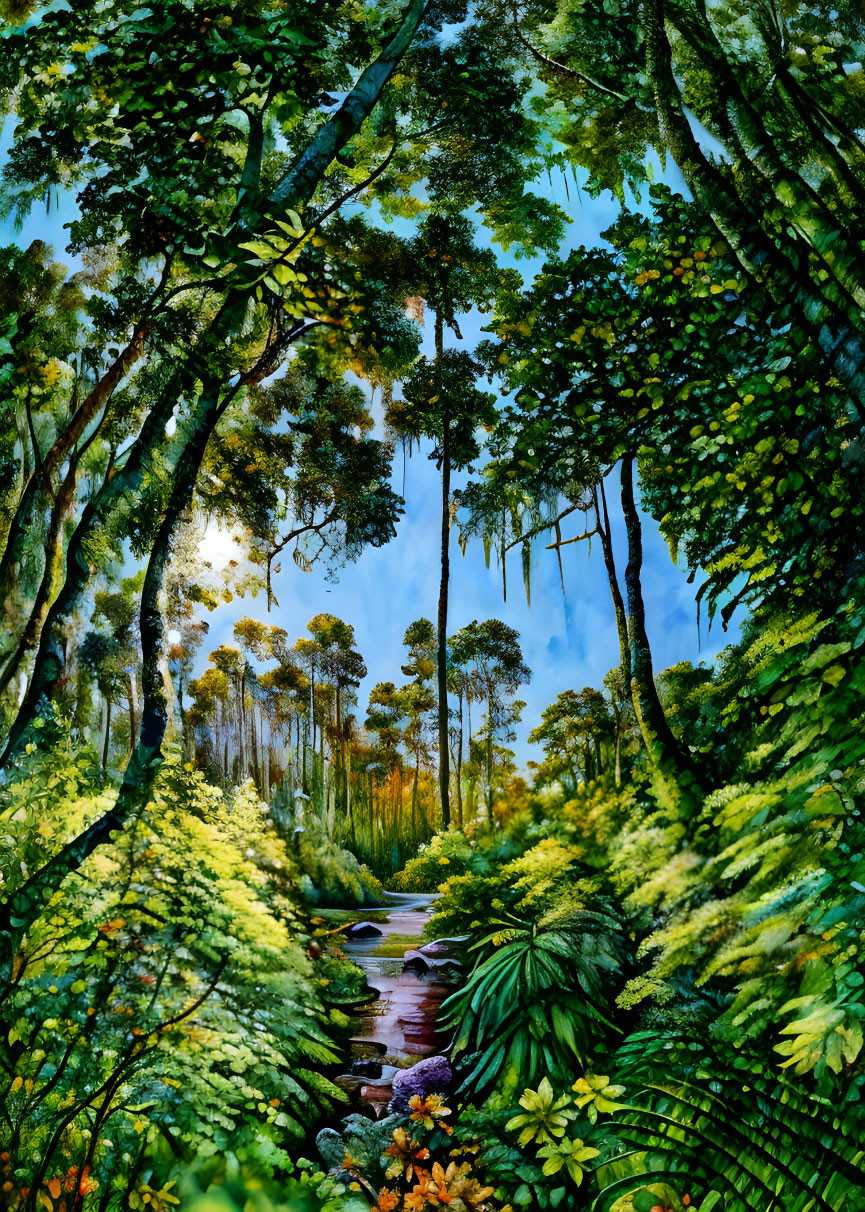 Lush Tropical Rainforest Painting with Stream and Sunlight