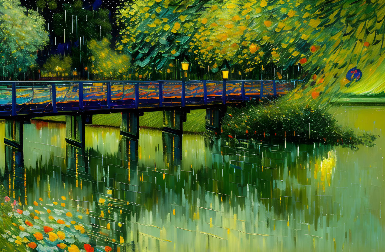 Impressionistic painting of bridge over reflective water with colorful foliage