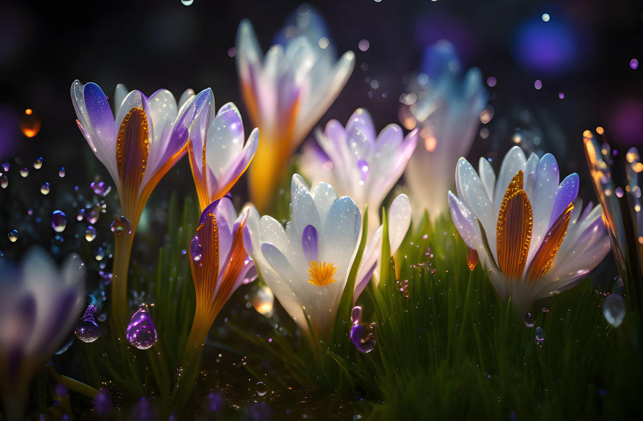 Macro shot of dew-covered white crocuses with bokeh light reflections