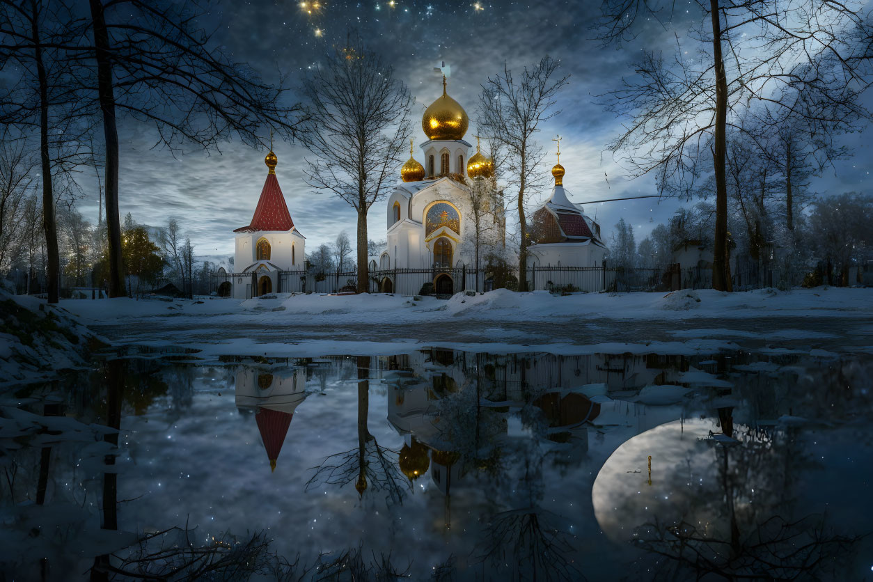 Snow-covered Orthodox church with golden domes on serene winter night reflected in puddle