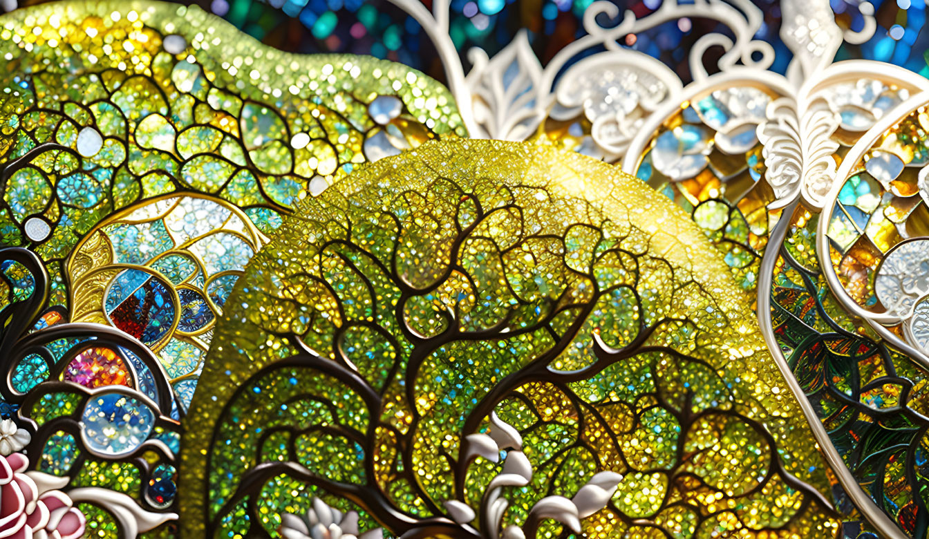 Detailed Close-Up of Vibrant Stained Glass Tree Artwork