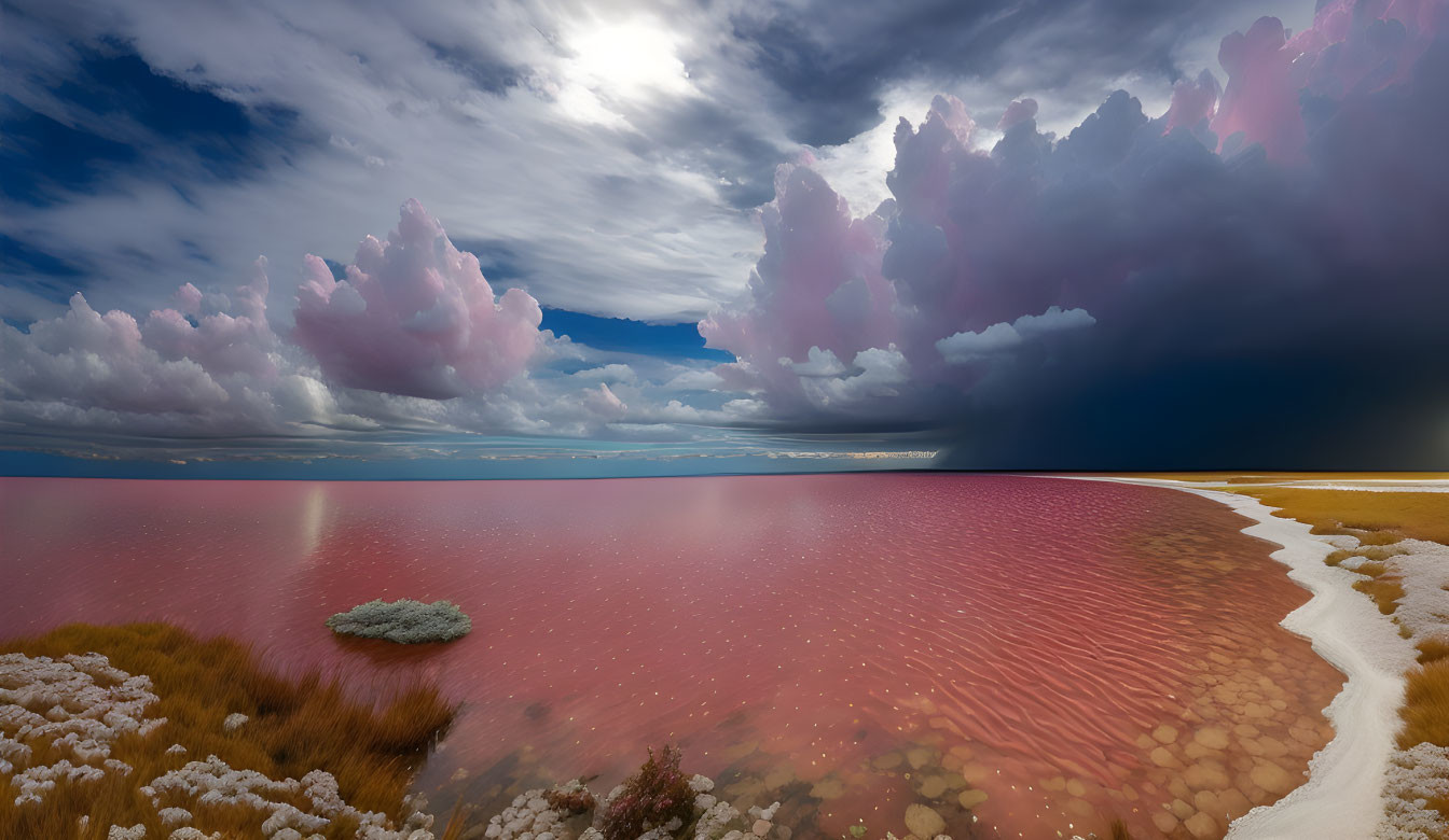 Pink Salt Lake Panorama Under Dramatic Sky