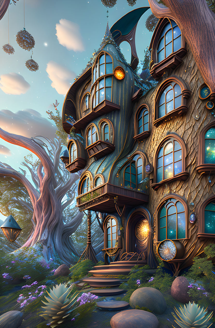 Whimsical multi-story treehouse in magical forest with glowing lanterns