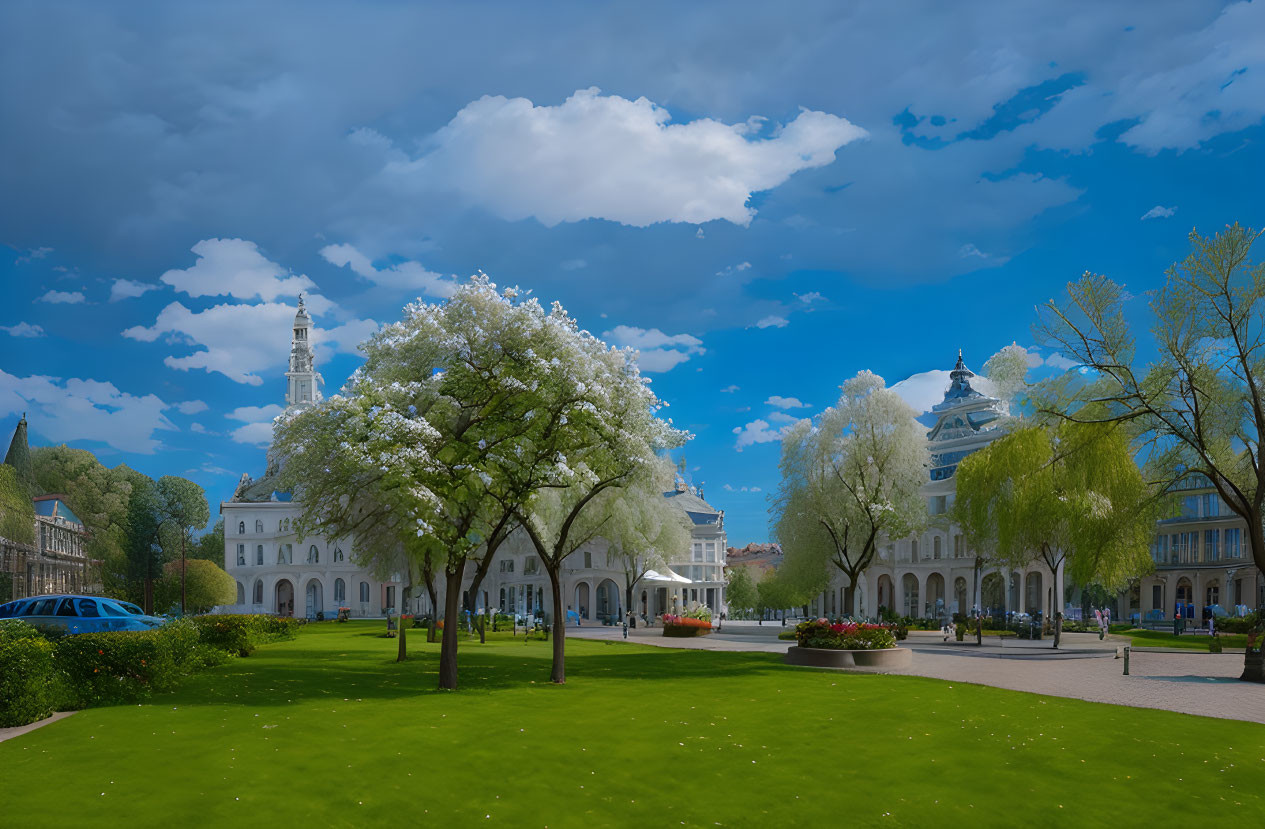 Elegant Plaza with Blooming White Trees and Historic Buildings