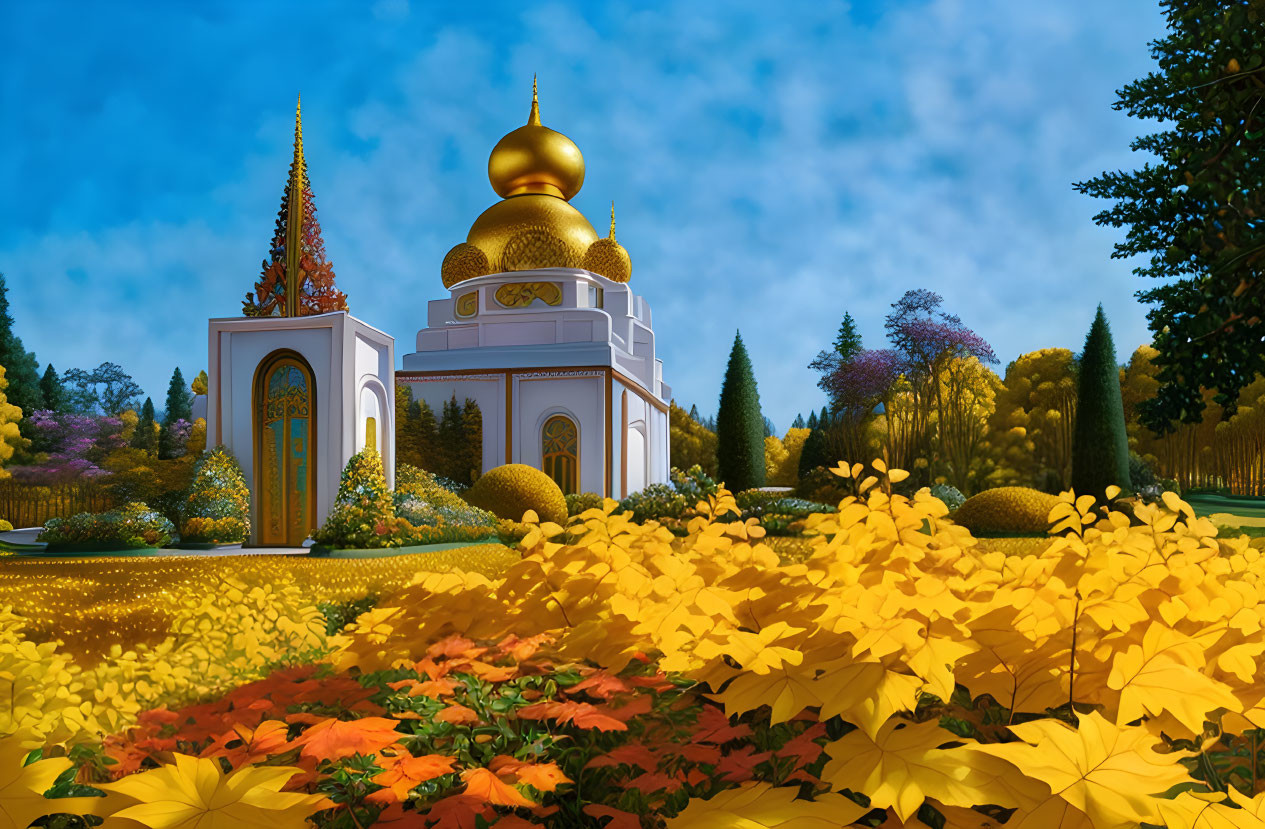 Colorful garden with domed structure and golden domes.