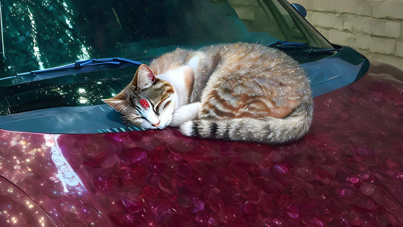 Tabby cat sleeping on vibrant red car hood under soft lighting