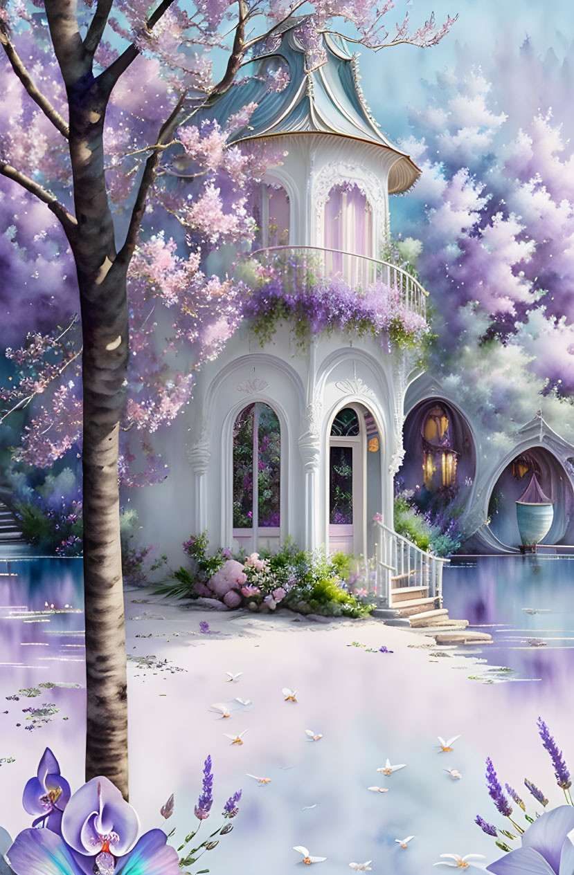 Enchanted treehouse with arched windows amidst blooming trees and serene water, under purple sky