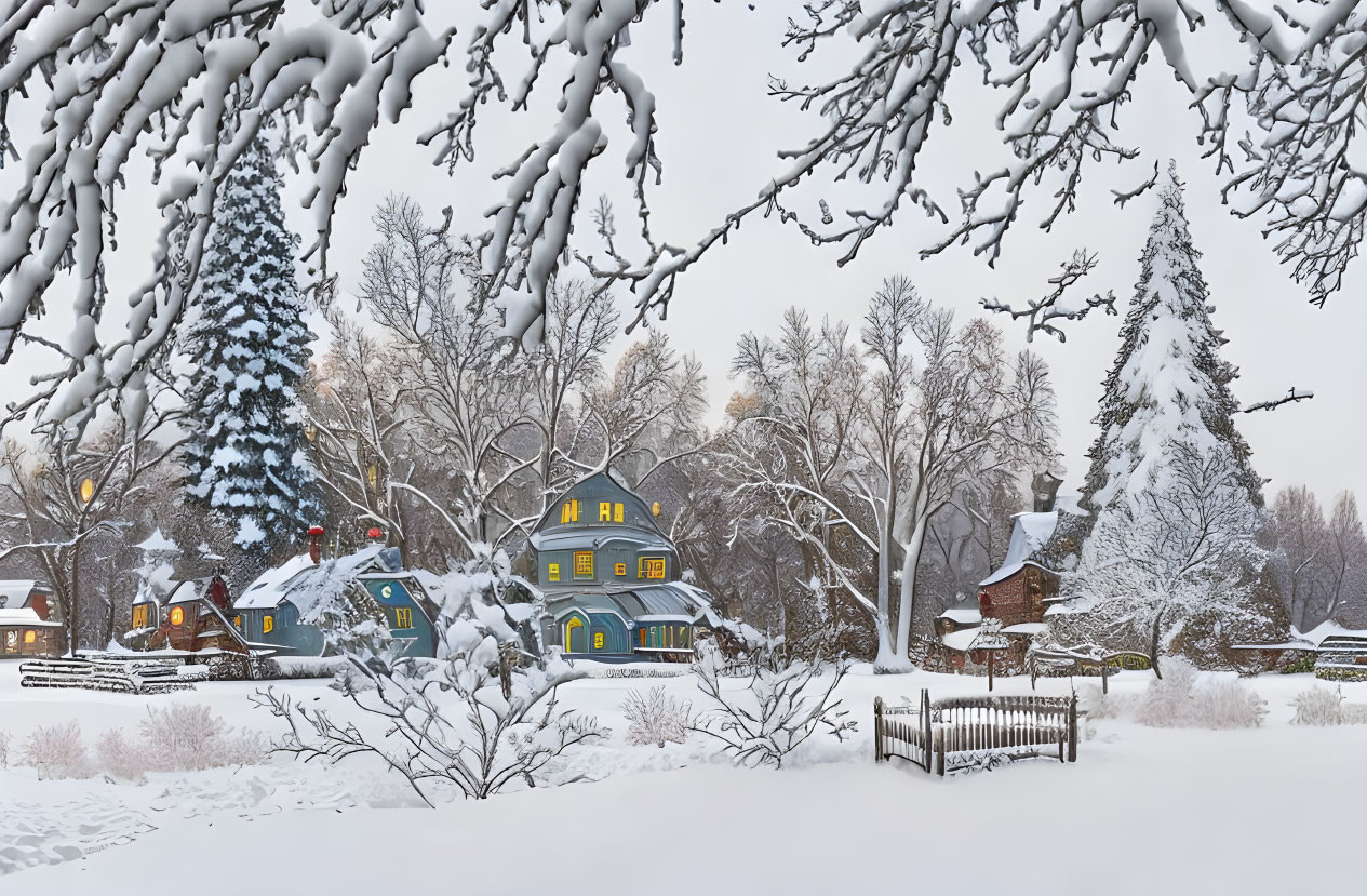 Snow-covered trees and colorful village in serene winter scene