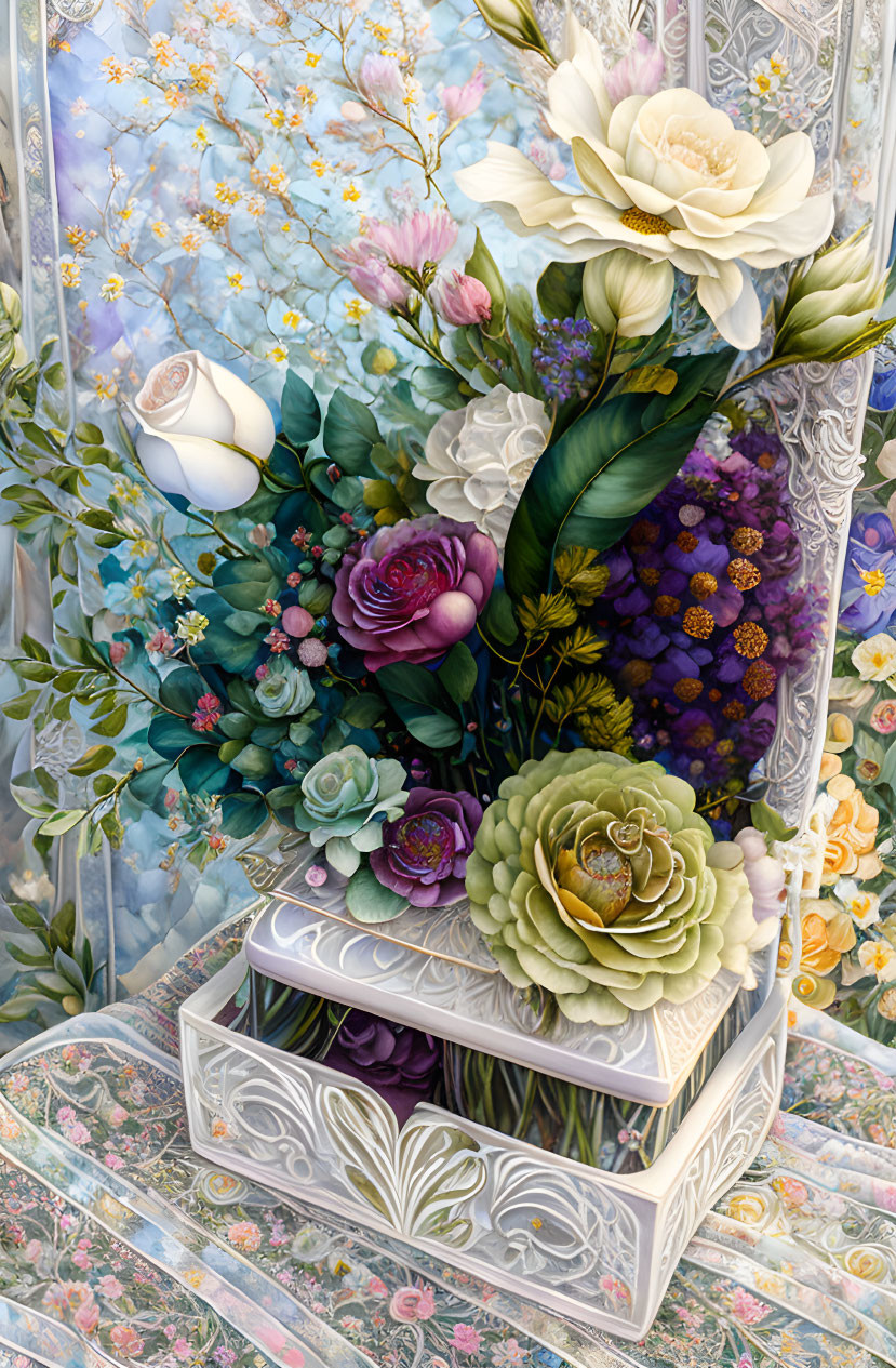 Colorful floral arrangement in ornate vase against floral background