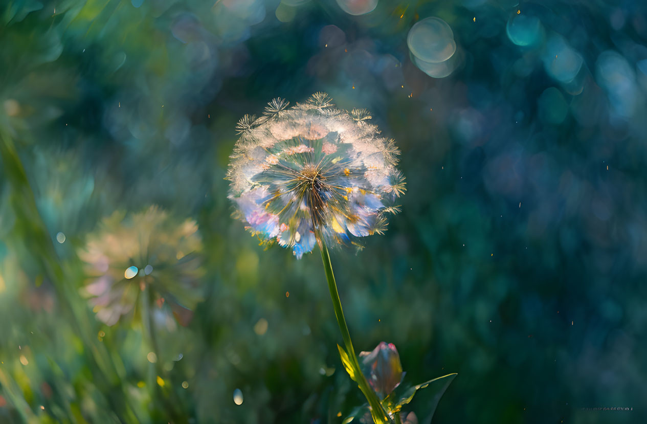 Delicate dandelion clock in soft sunlight with seeds ready to fly