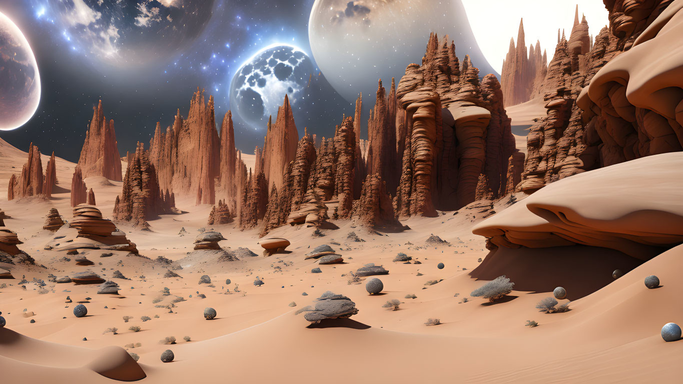 Fantastical desert landscape with towering rock formations and celestial sky