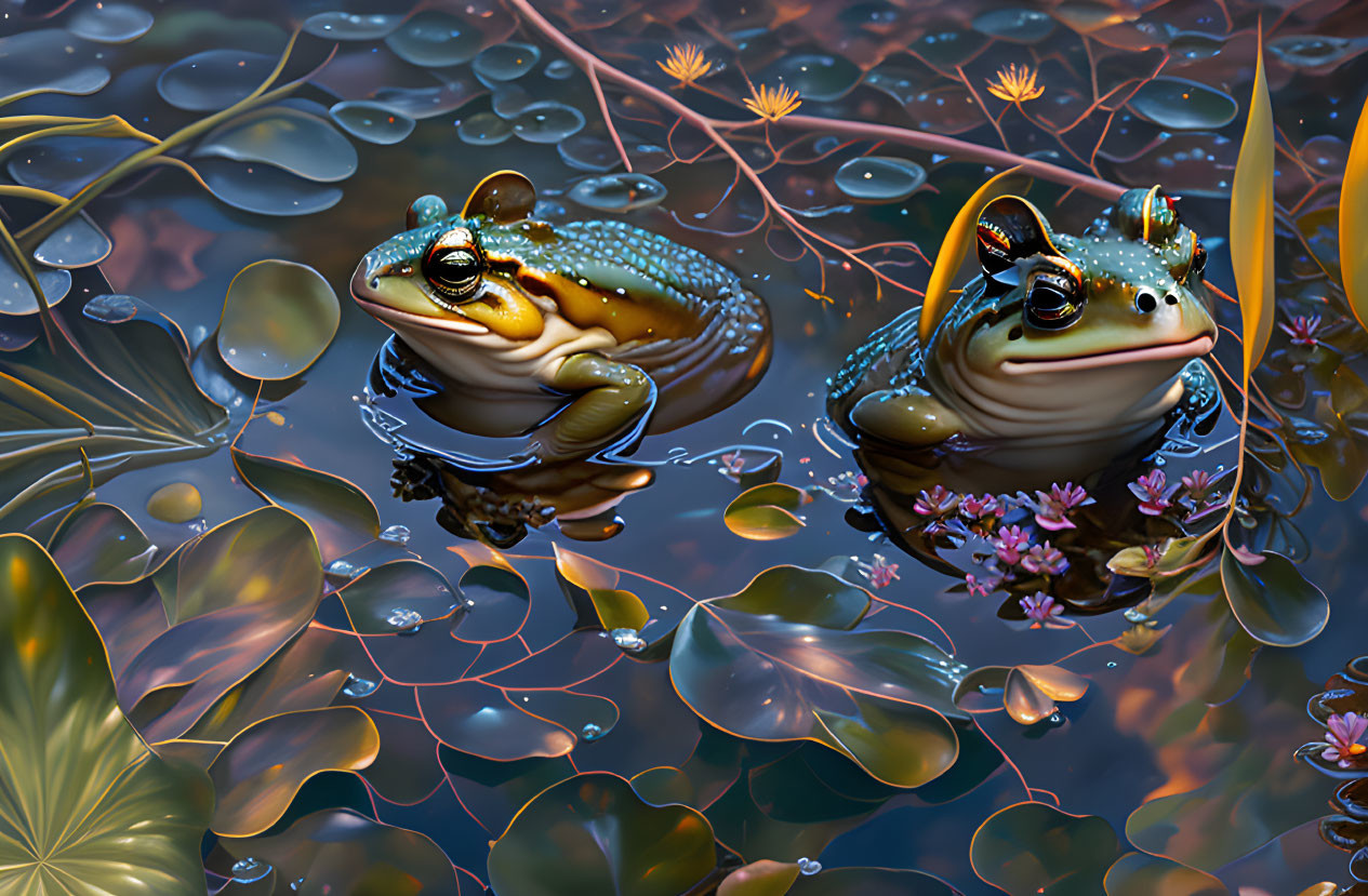 Realistic frogs on lily pads in tranquil pond