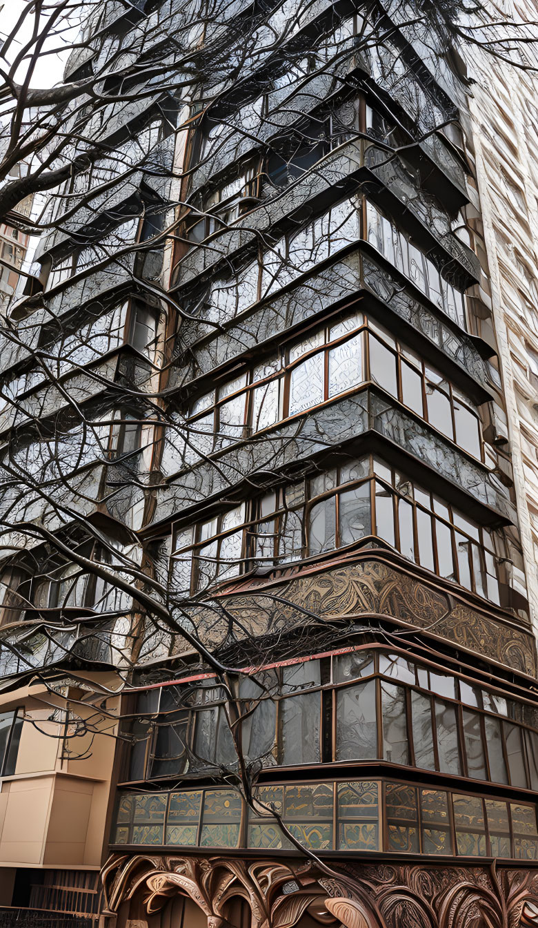 Reflective glass facade on tall modern building with ornate metalwork.