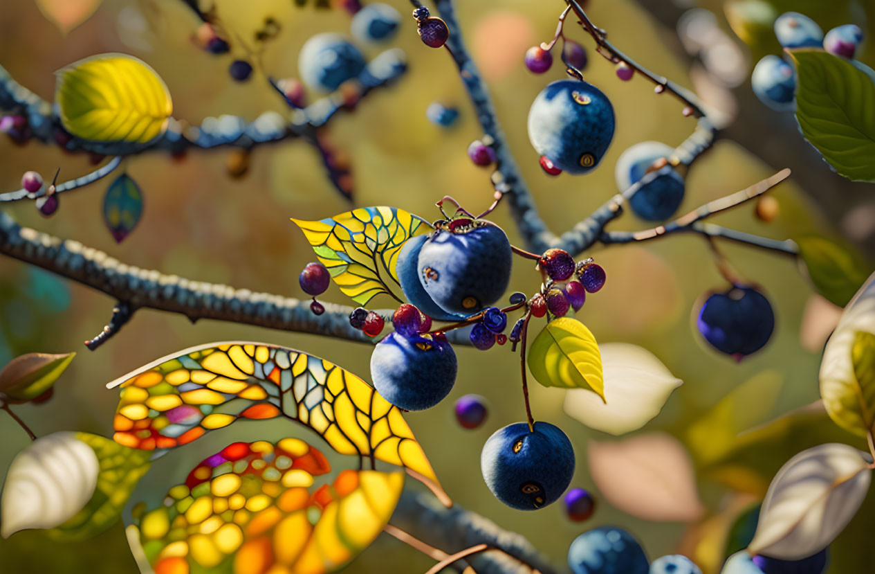 Fresh Blueberries on Sunlit Branch with Colorful Leaves