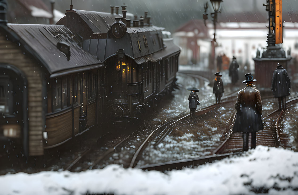 Vintage train station scene with snowfall, lanterns, and steam train.