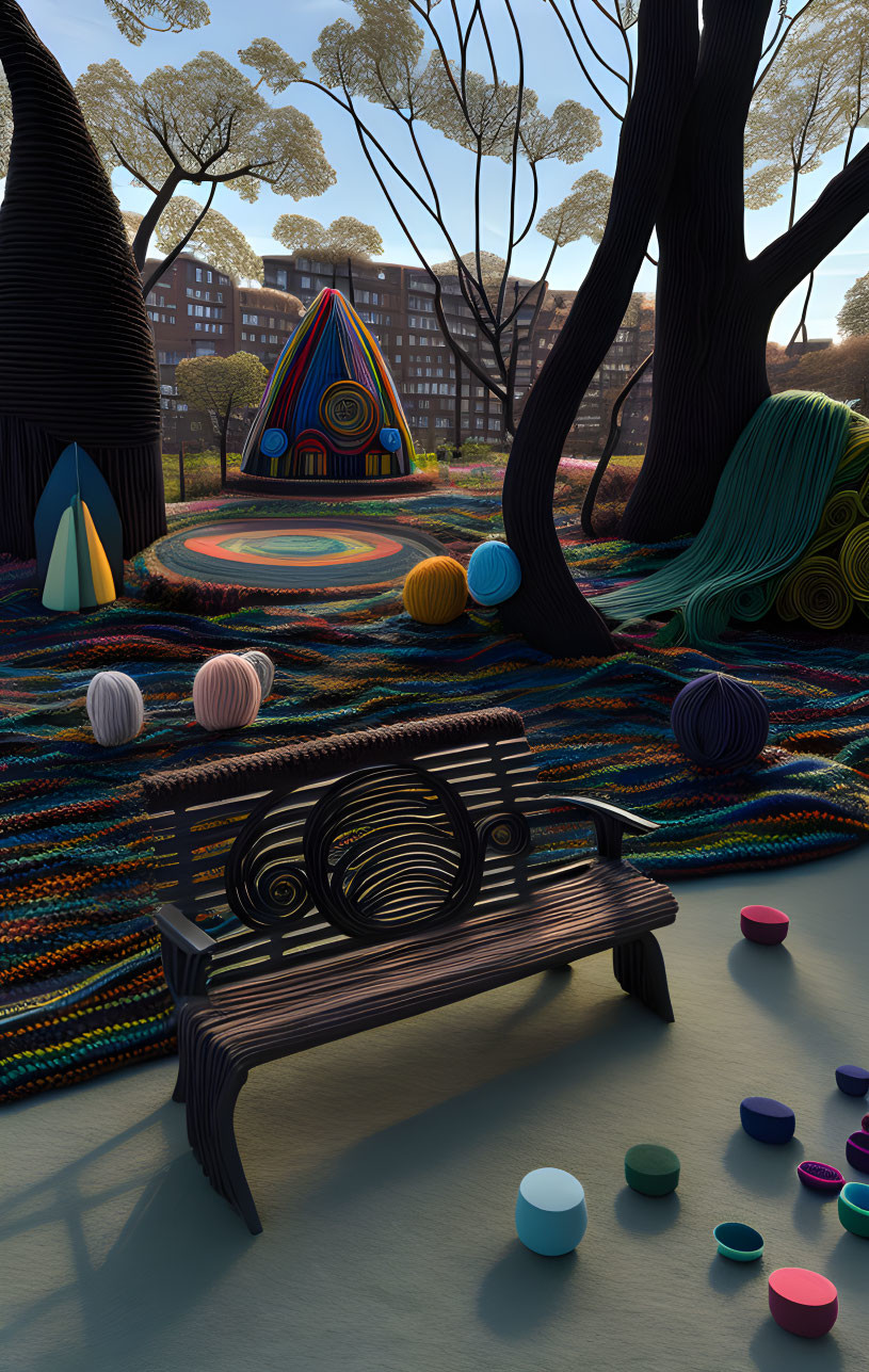 Colorful Knitted Park with Yarn Balls and Abstract Structures