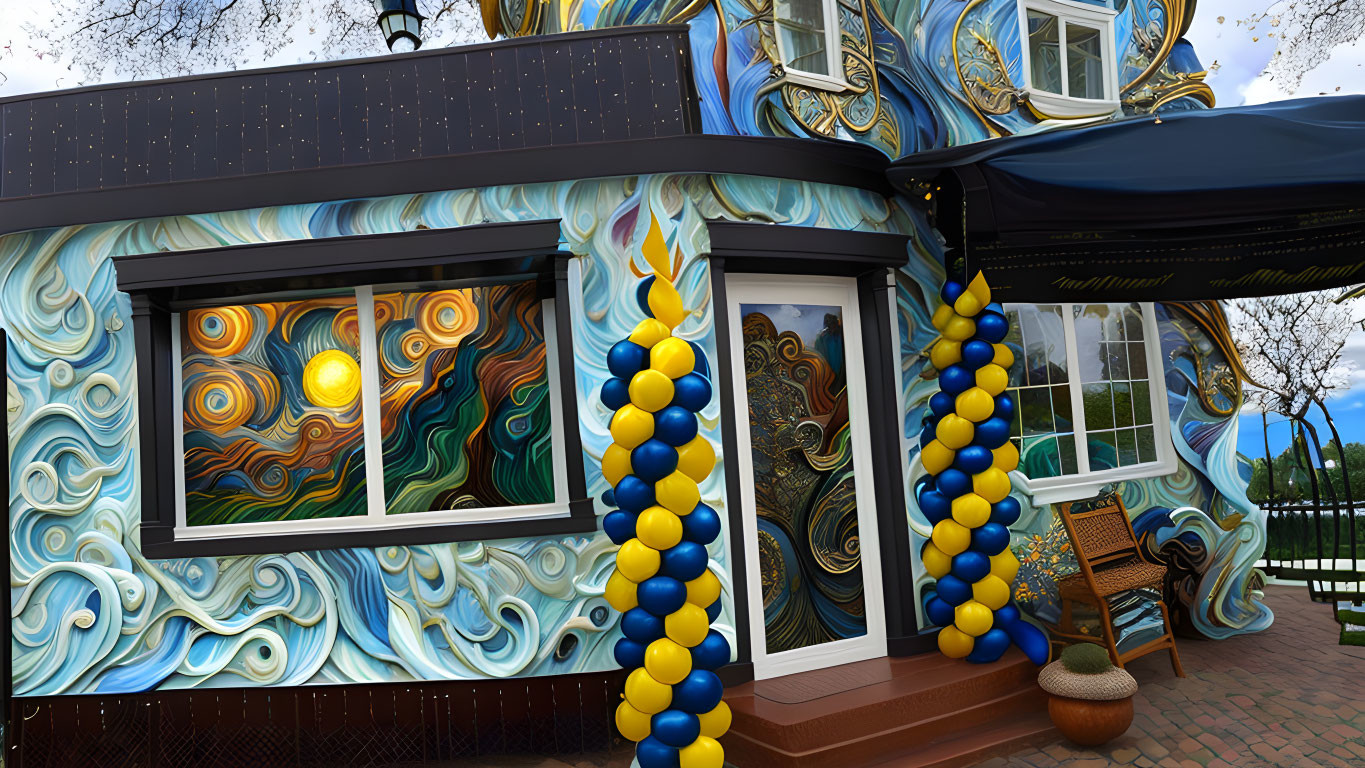 Whimsical blue and gold building with starry night design and colorful balloons