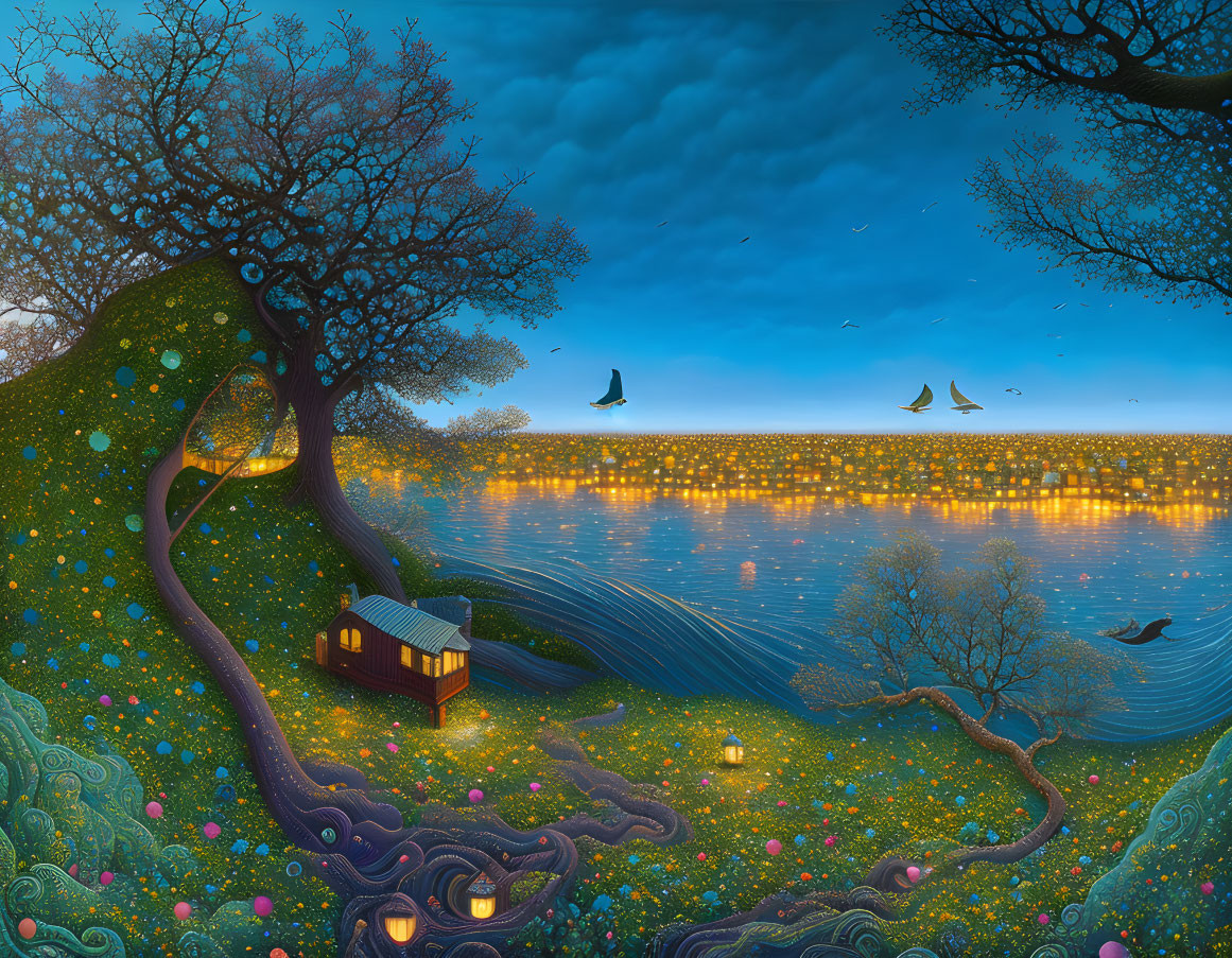 Twilight landscape with glowing cottage, stars reflecting on water