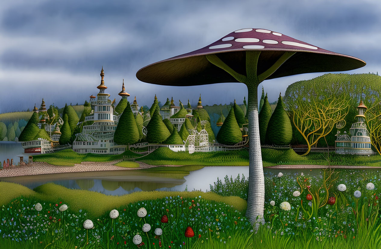 Whimsical landscape with mushroom-like structures and green topiary buildings