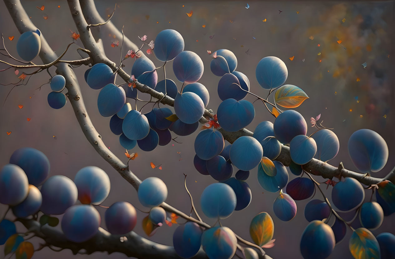 Tranquil digital artwork of blue fruits on a branch